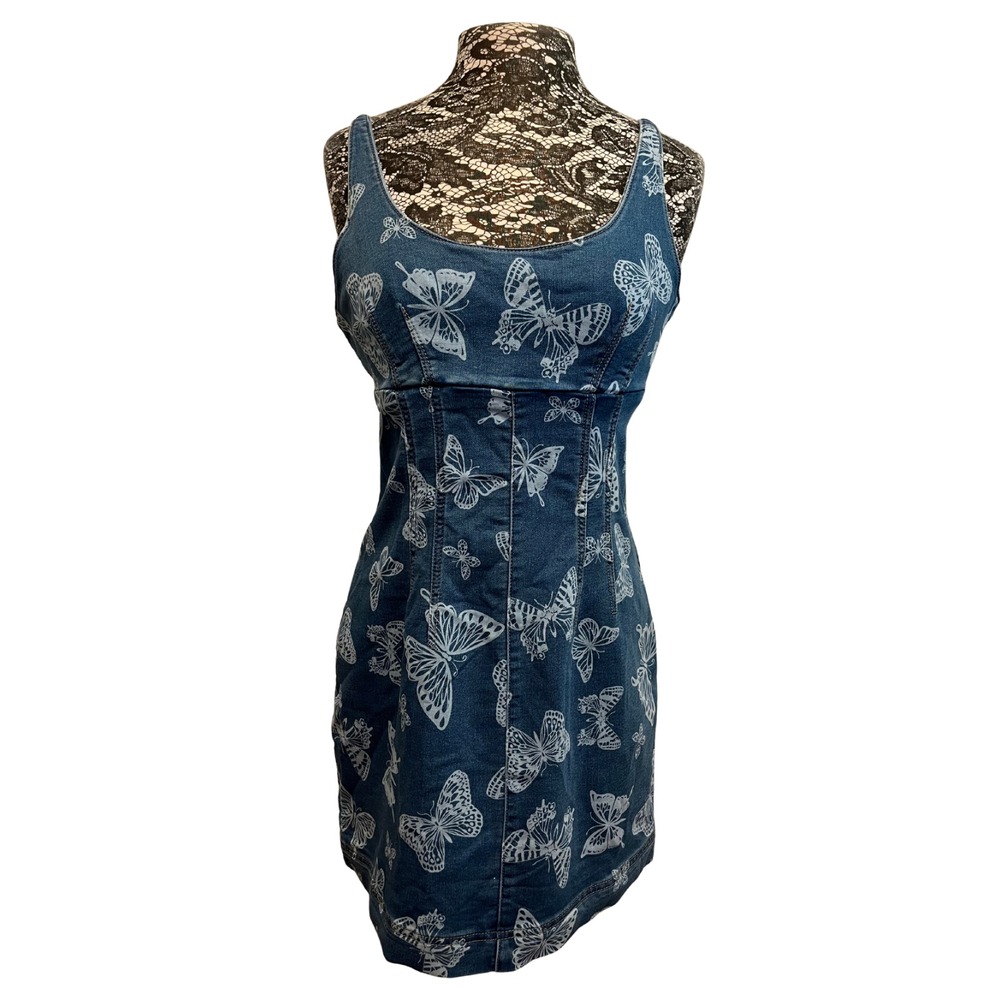 Butterly Denim Scoop Mini Dress 11 13 Stretch Pockets Coquette Fairy Sweetheart‎